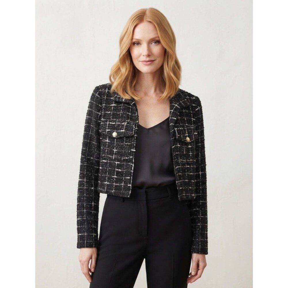 Sincerely Jules Womens Black White Plaid Tweed Cropped Jacket Size M Party